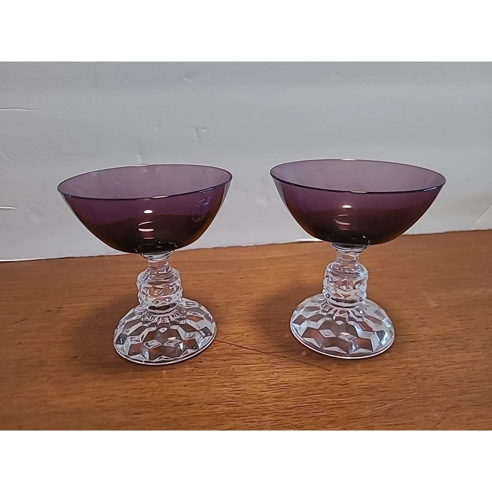 2 Fostoria AMERICAN LADY AMETHYST PURPLE Champagne Coupe Cocktail Glass Goblet